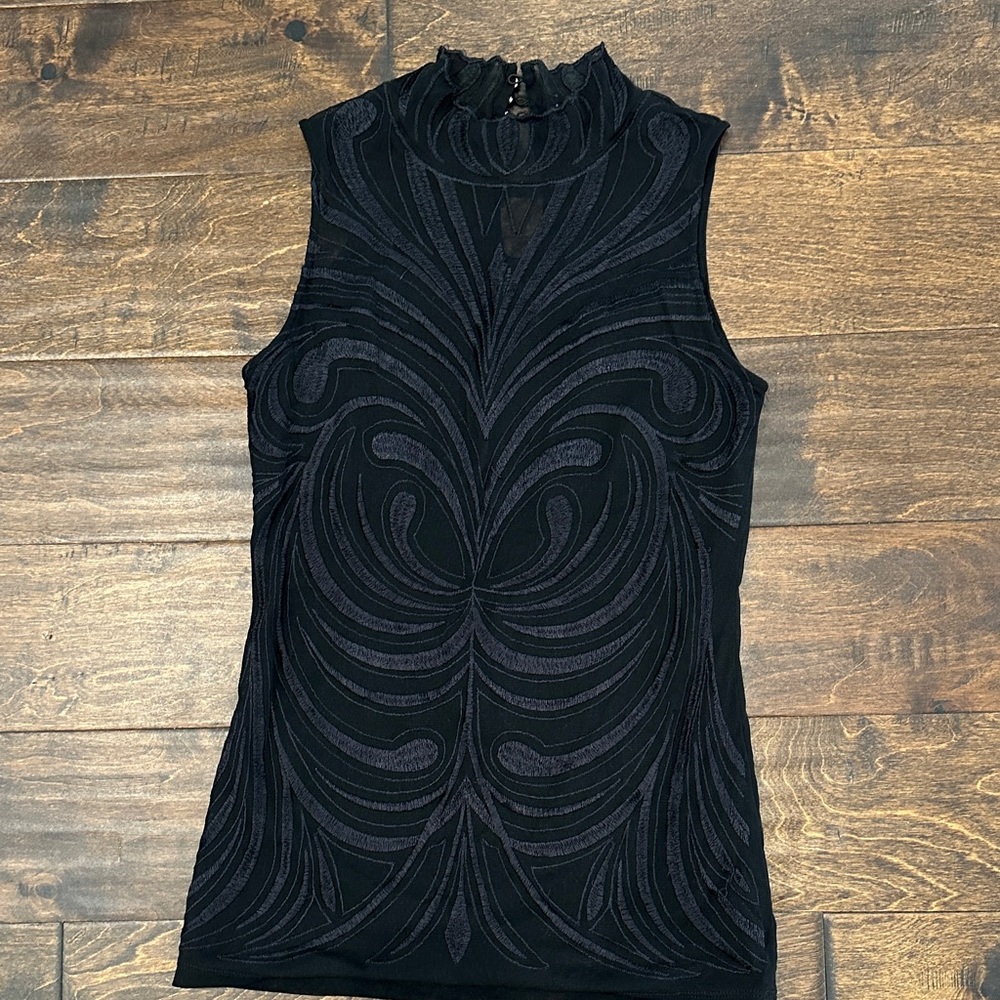 INC International Concepts Black Sleeveless Mock Neck Patterned Tank